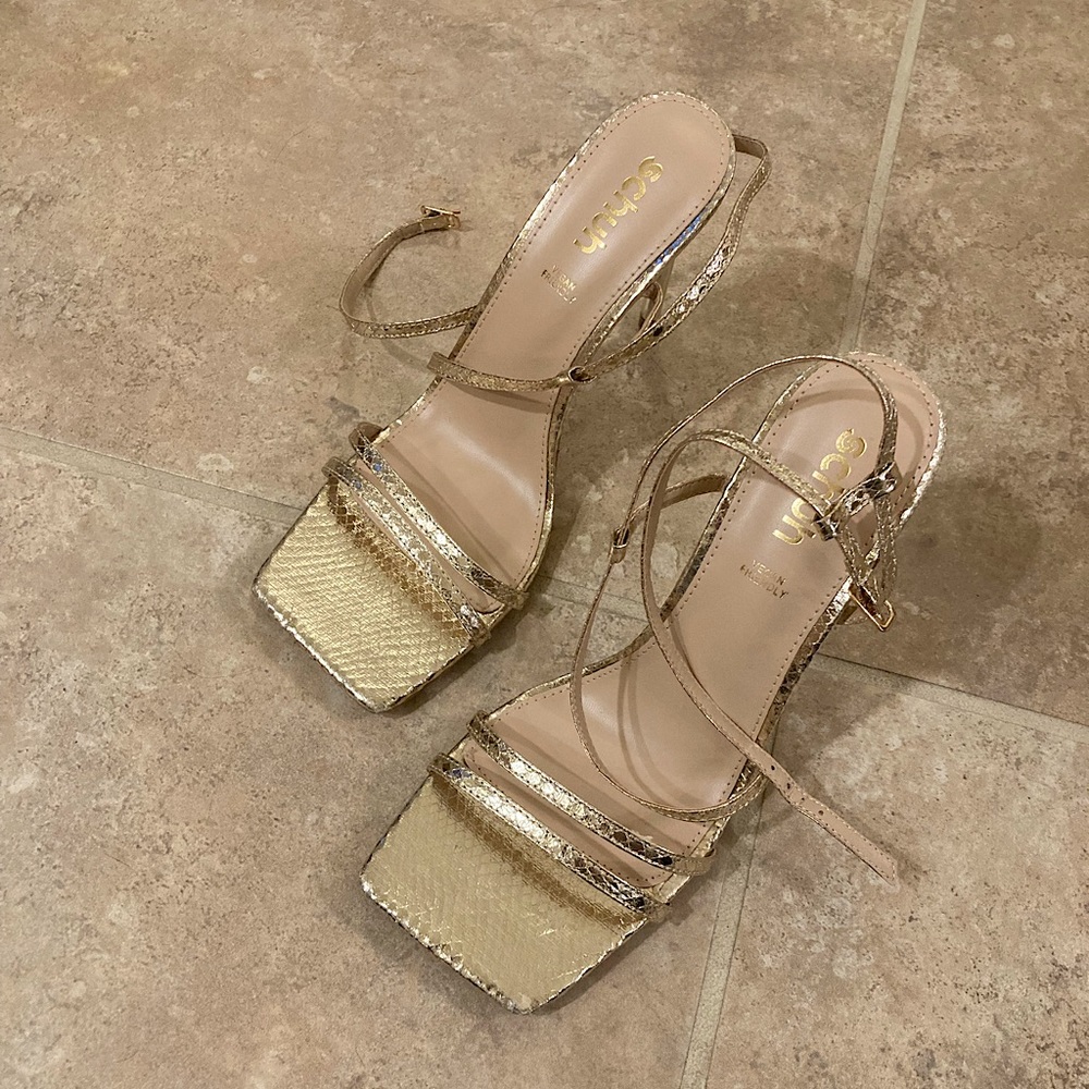 ASOS Schuh Santi strappy heeled sandals in gold